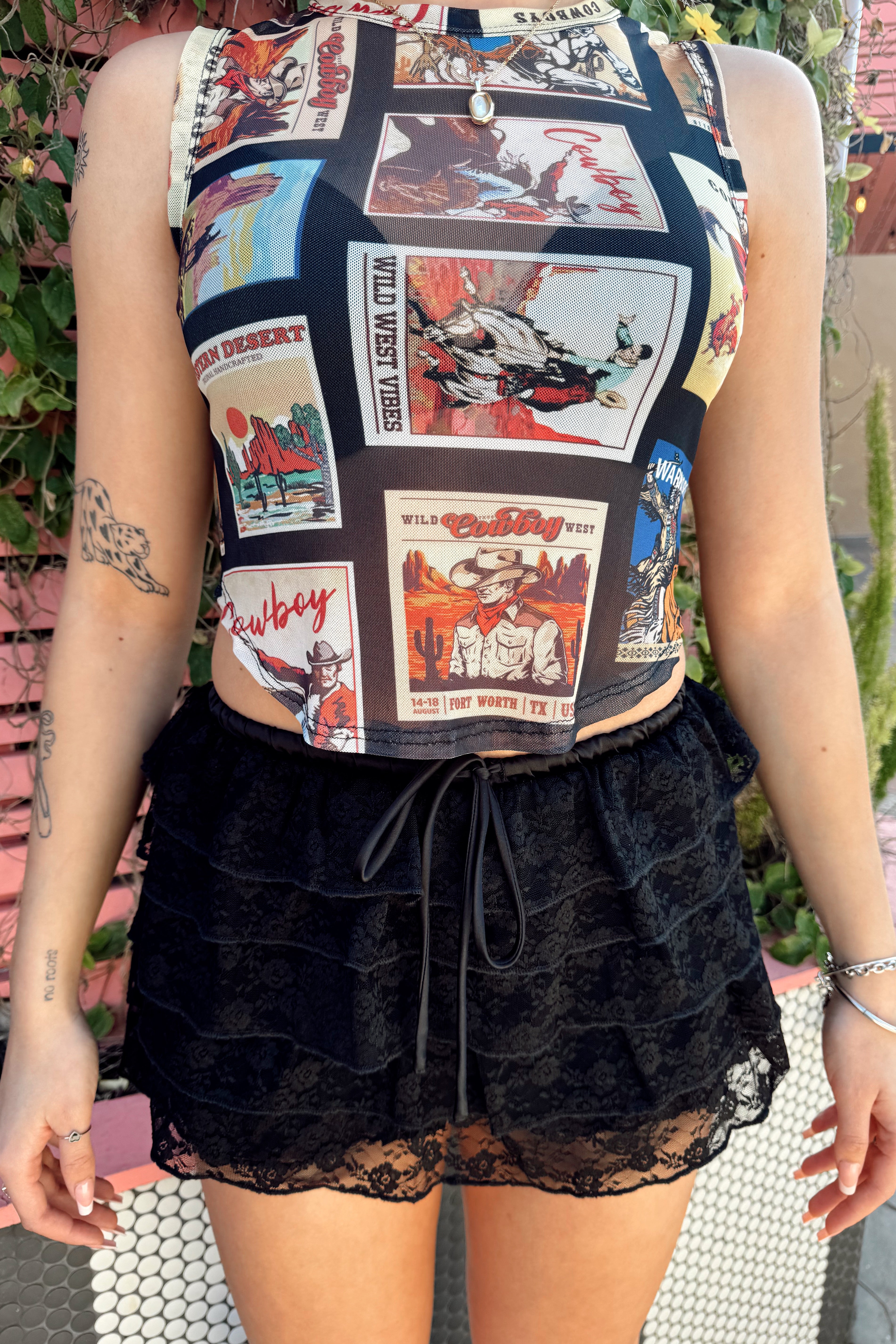 Western Stamped Mesh Crop Tank