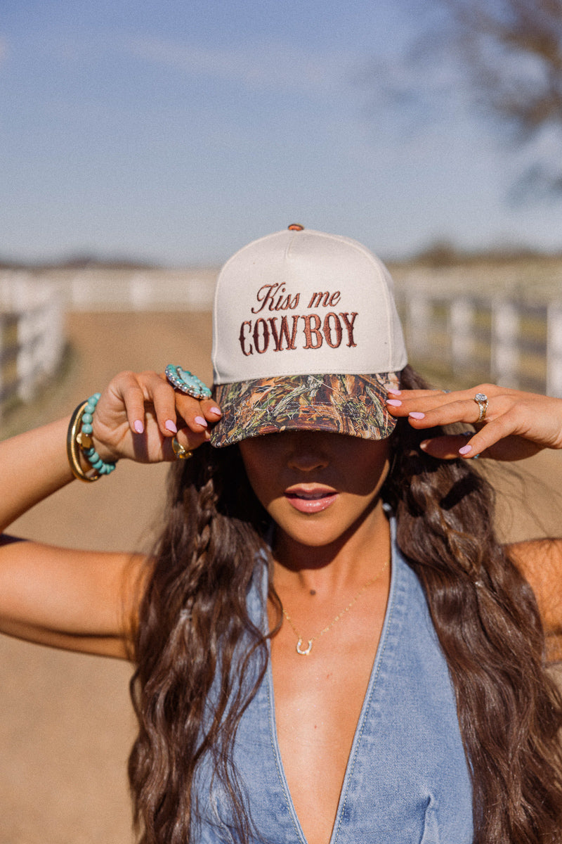 Pre-Order Kiss Me Cowboy Two Tone Camo Hat- Brown