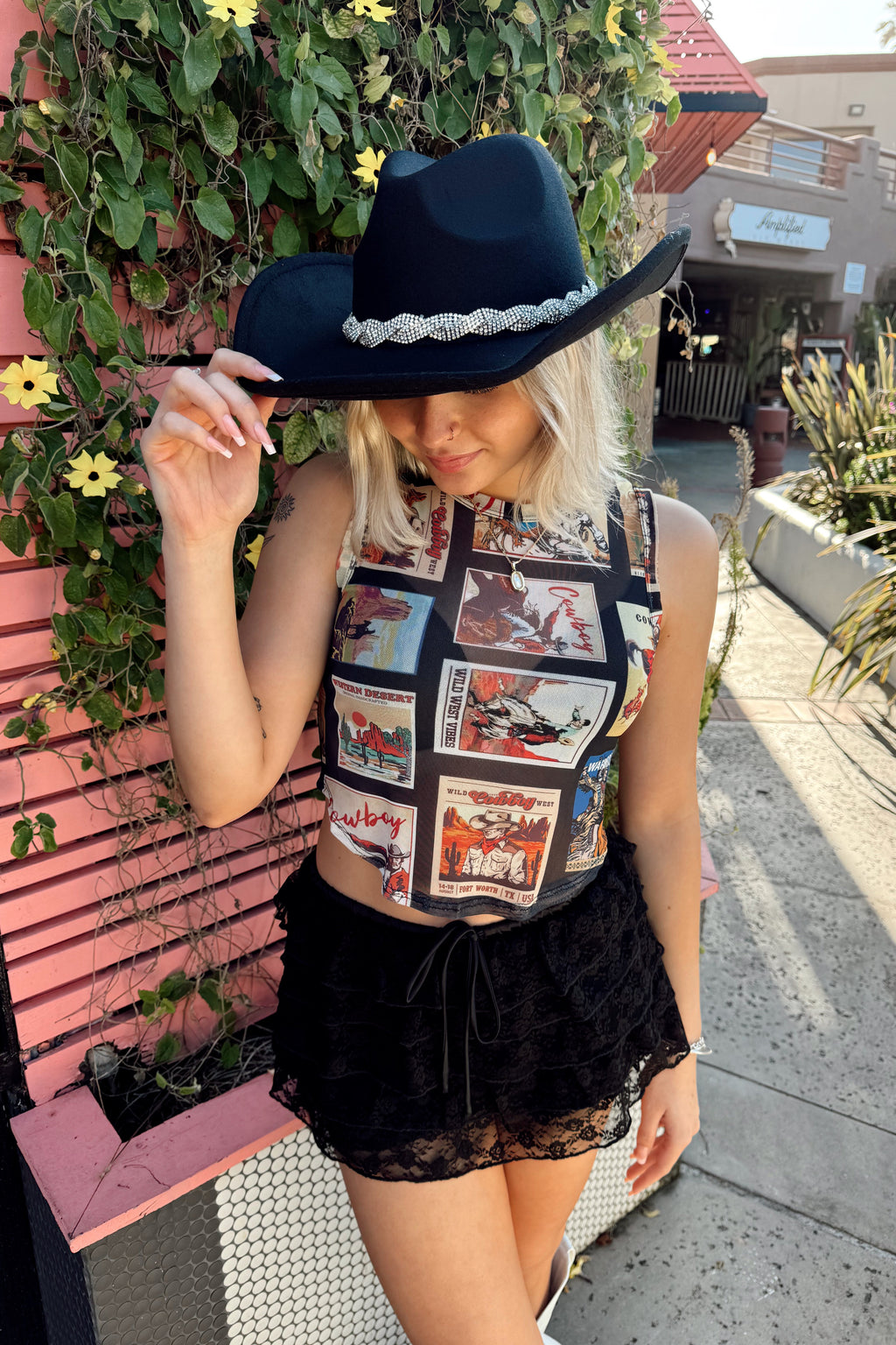 Western Stamped Mesh Crop Tank