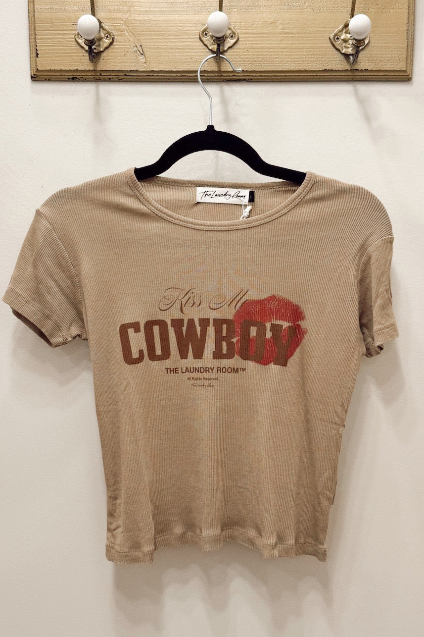 Kiss Me Cowboy Baby Tee- Camel