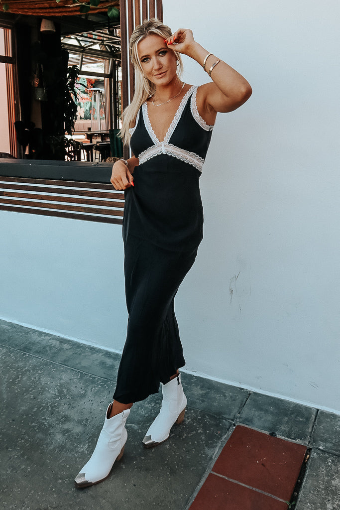 Sophia Satin Lace Maxi Dress - Black