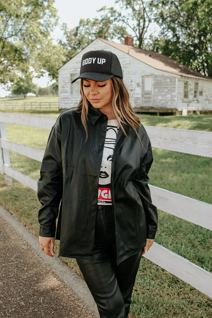 Fallon Faux Leather Shacket - Black