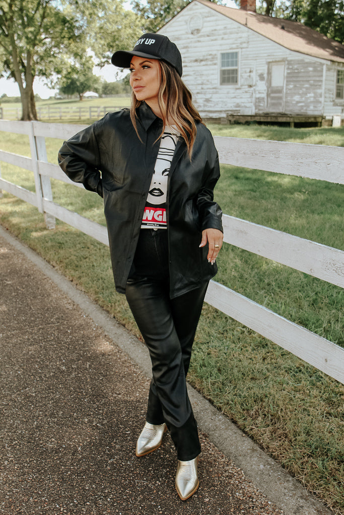 Fallon Faux Leather Shacket - Black