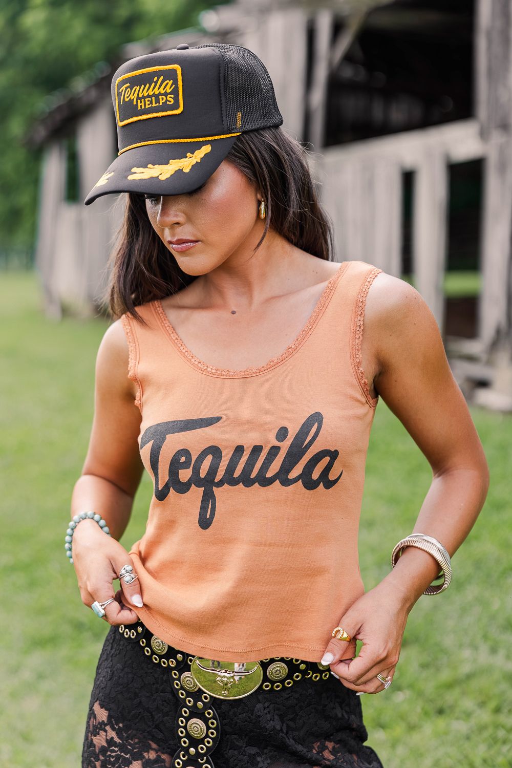Tequila Lace Tank-Cognac