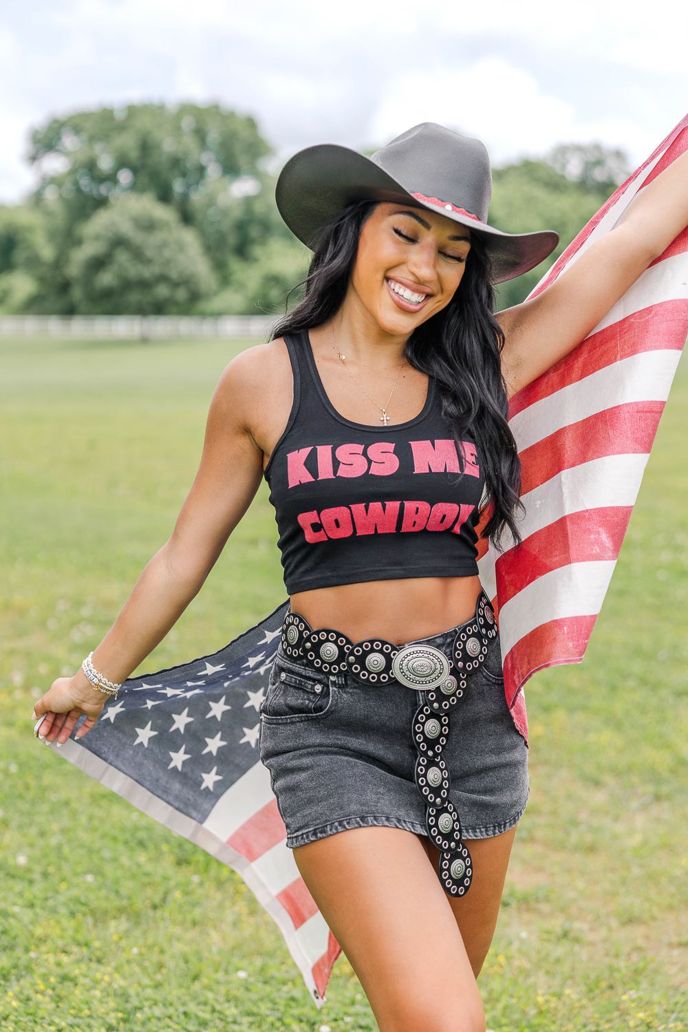 Kiss Me Cowboy Tank- Black