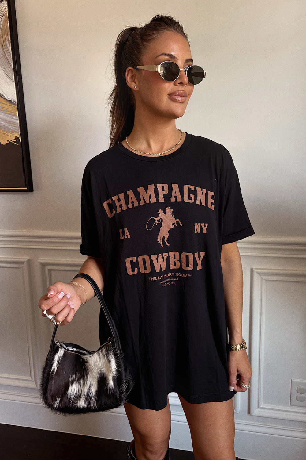 Champagne Cowboy Oversized Tee- Black