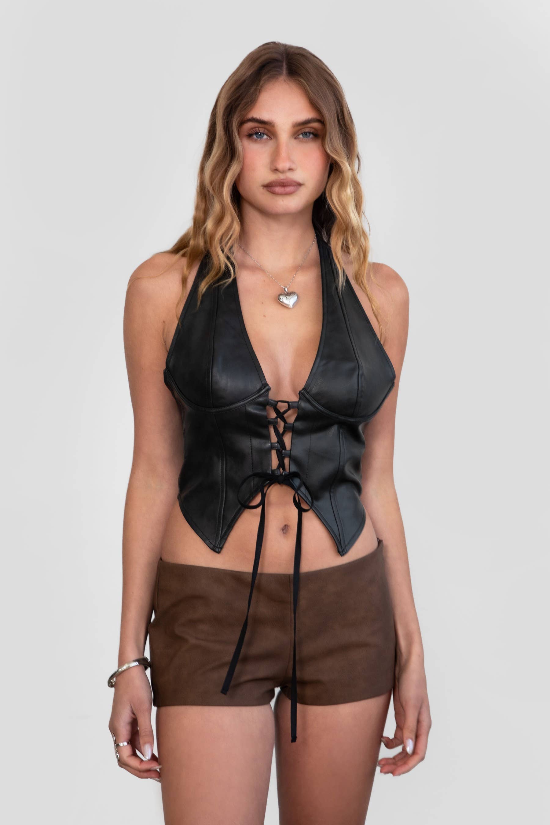Leiah Leather Micro Shorts-Brown