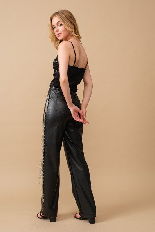 Rhinestone Fringe Leather Pants