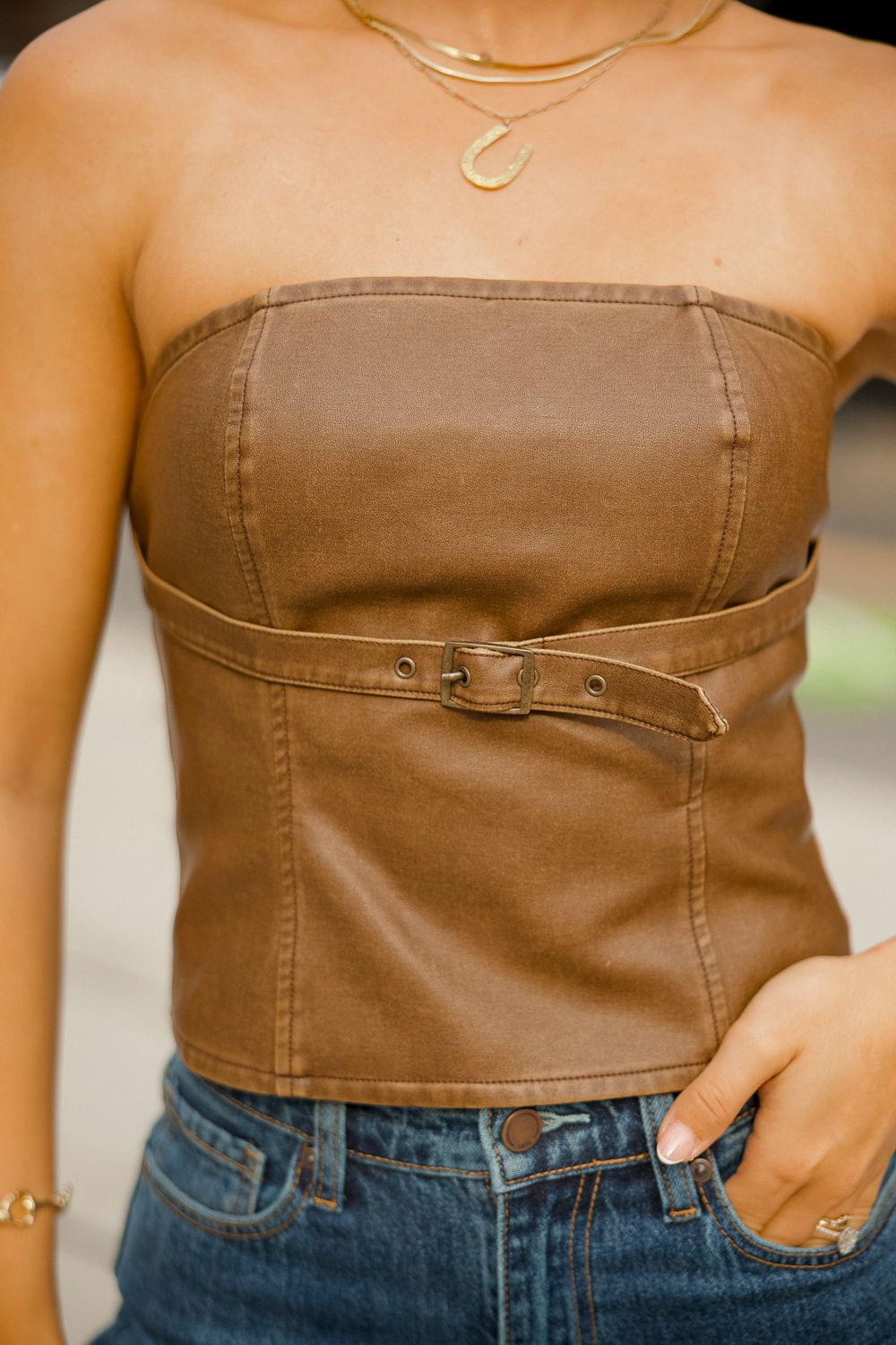 Dakota Buckle Leather Tube top - Brown